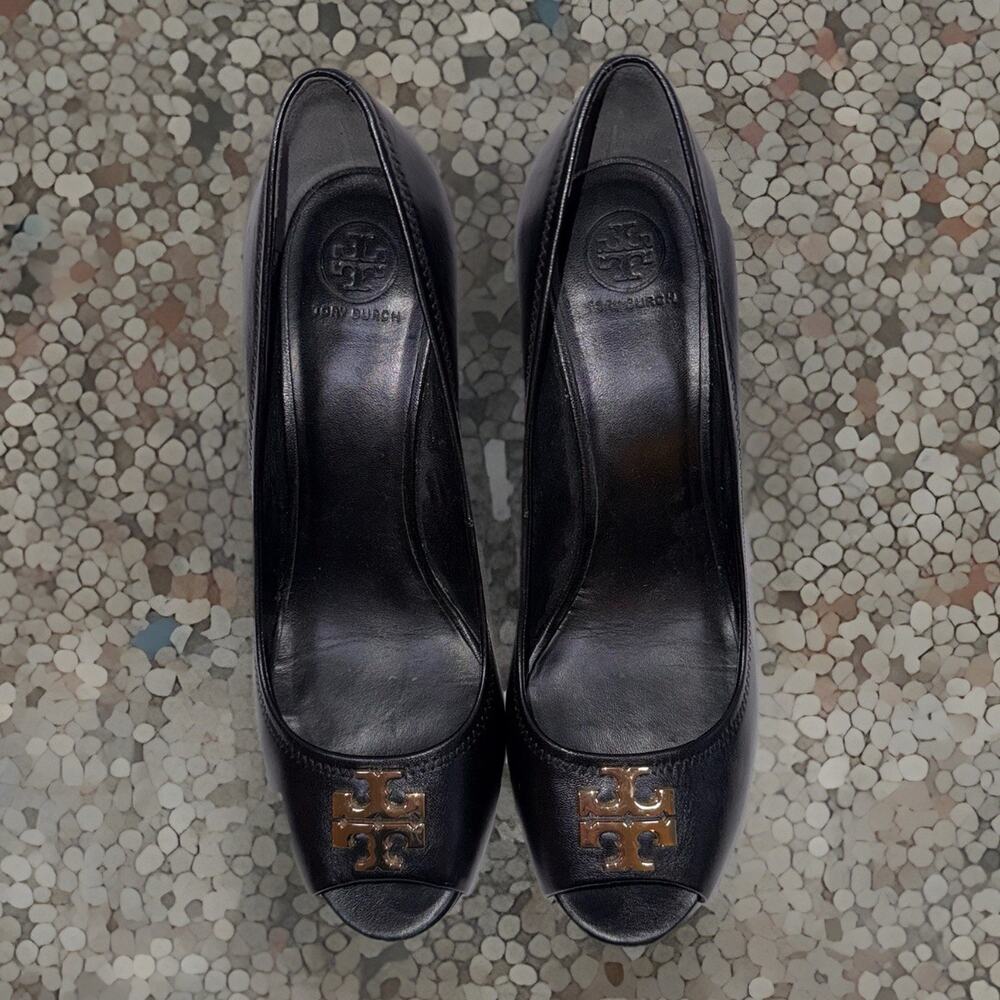 Tory Burch Jolie Peep Toe Black Leather Wedge Heel Preppy Career Formal Sz 9.5M